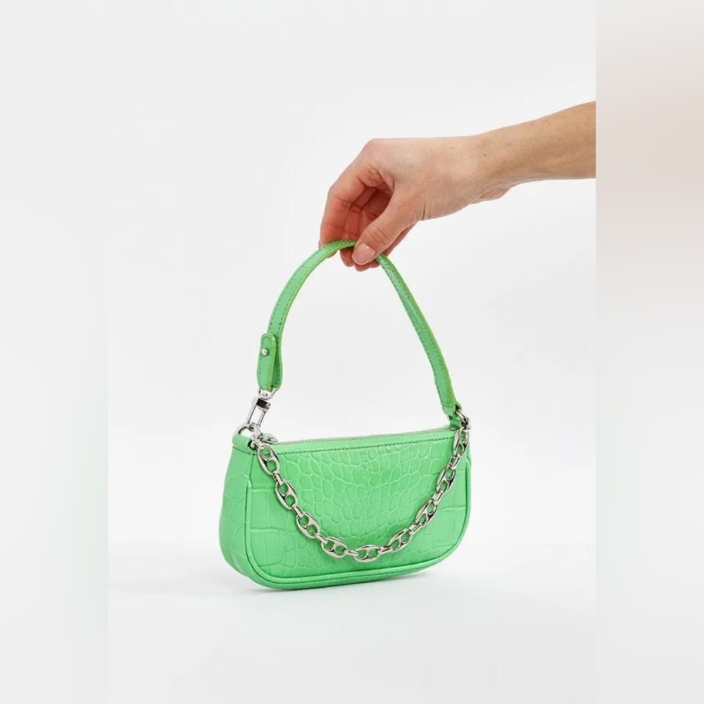 BY FAR Mini Rachel Croc-Embossed Shoulder Bag in Green